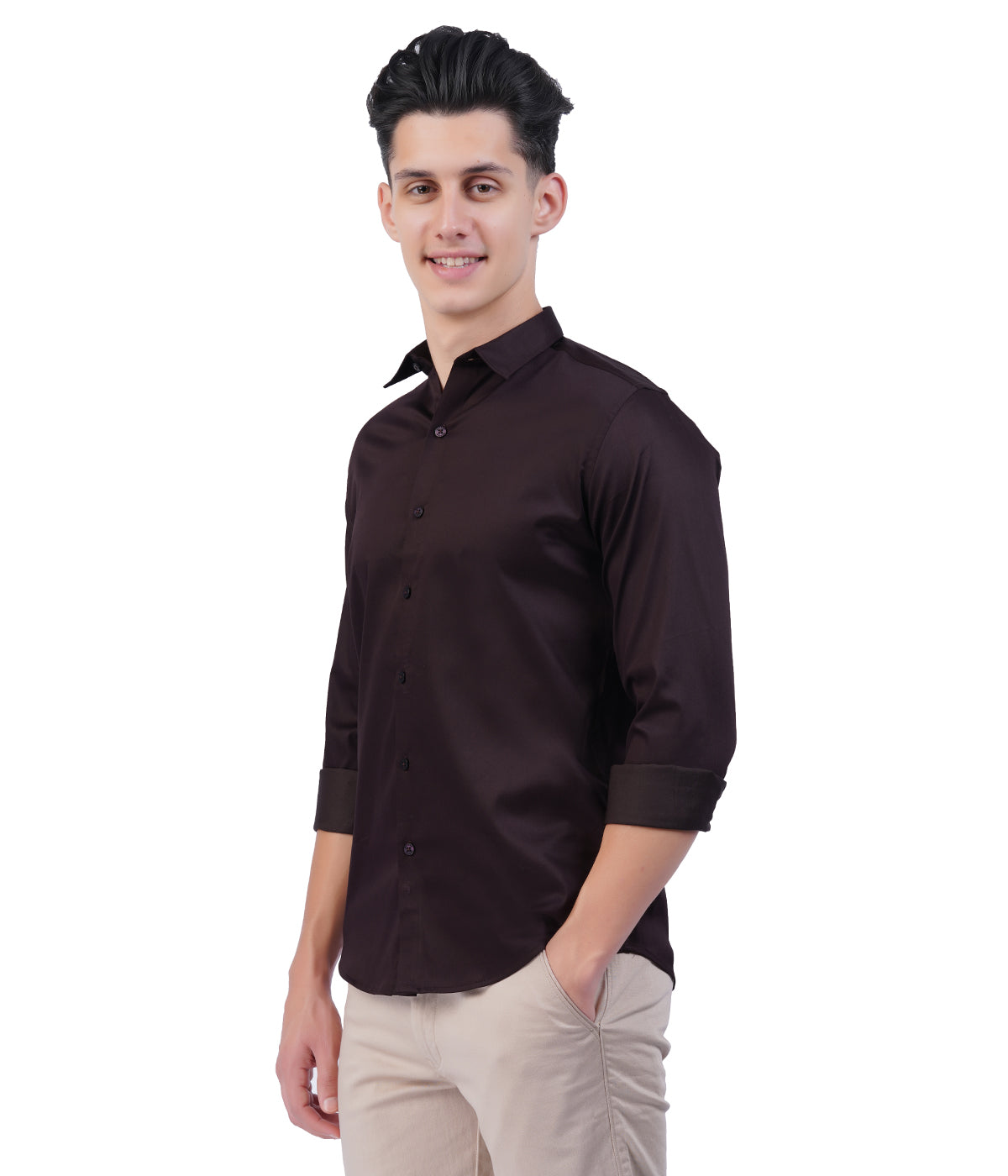 Men's Dark Brown Button-Down Shirt with Full Sleeves
