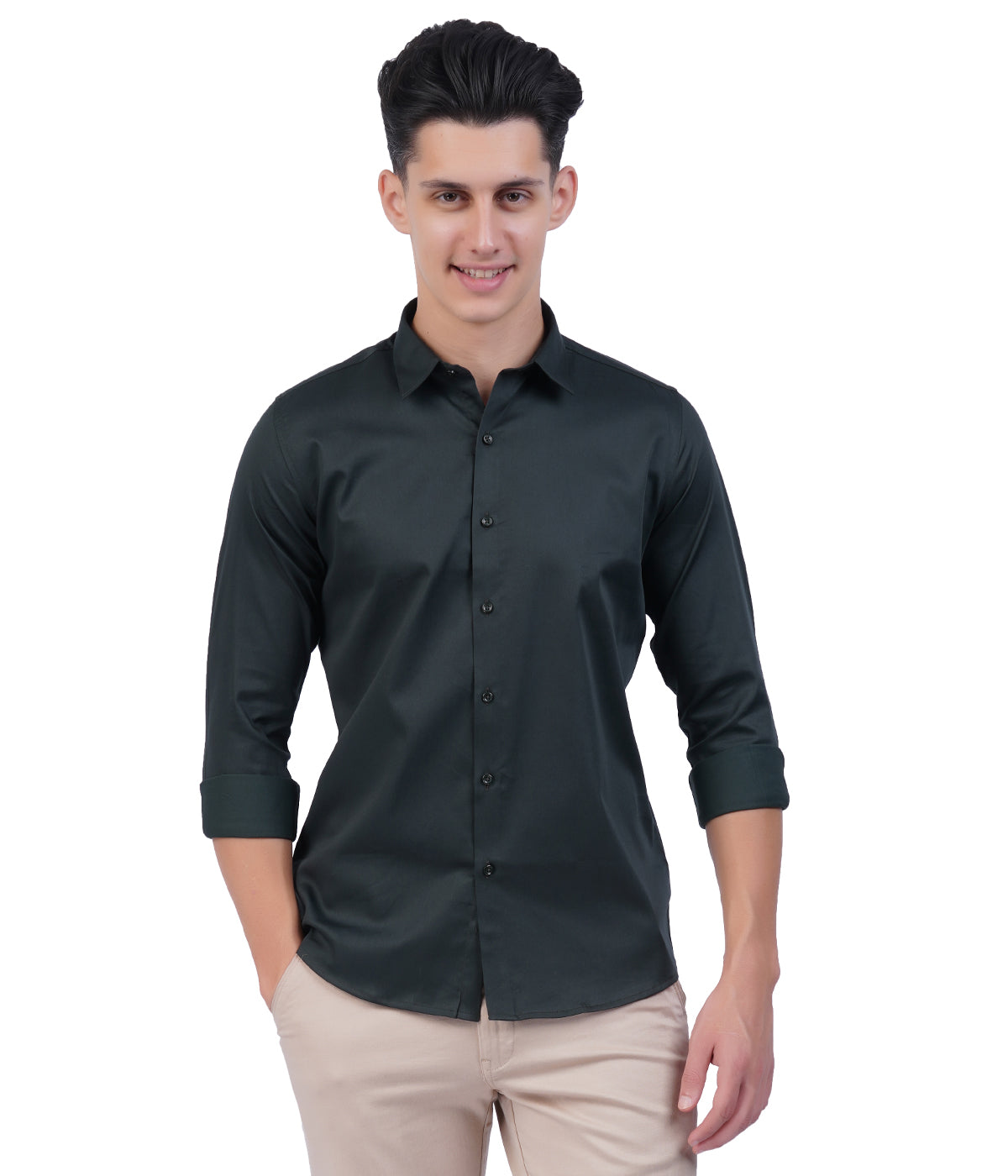 Men's Dark Green Button-Down Shirt with Full Sleeves