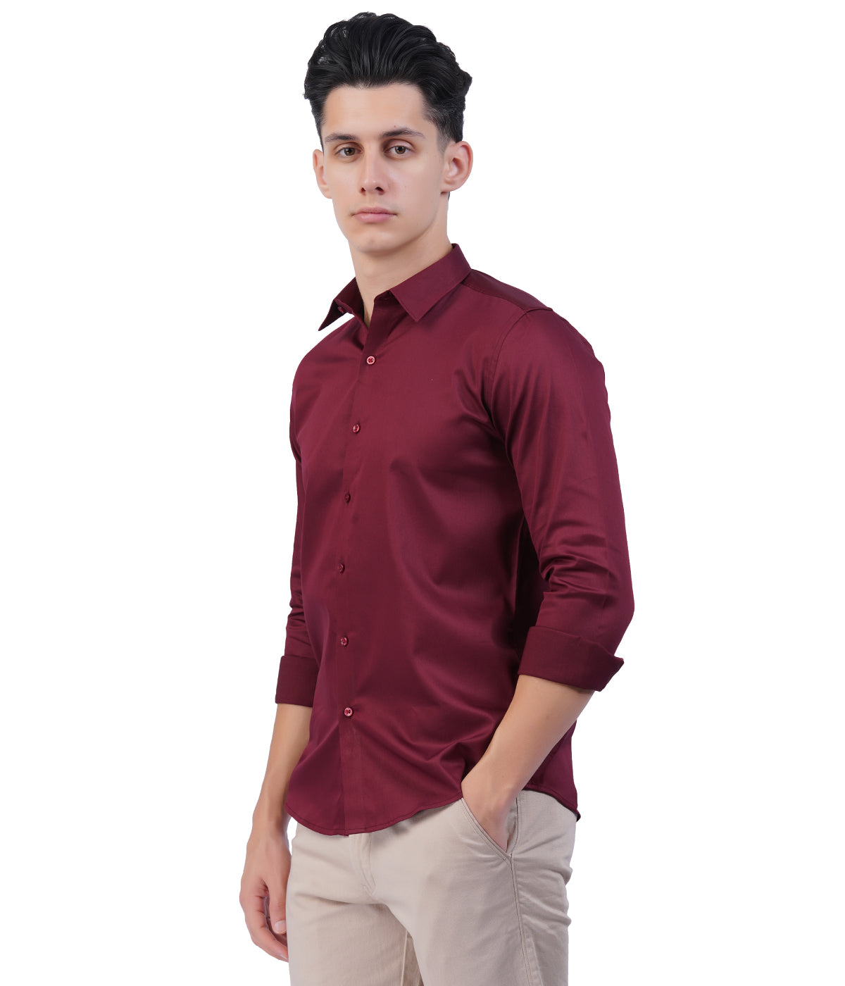 Men's Maroon Button-Down Shirt with Full Sleeves