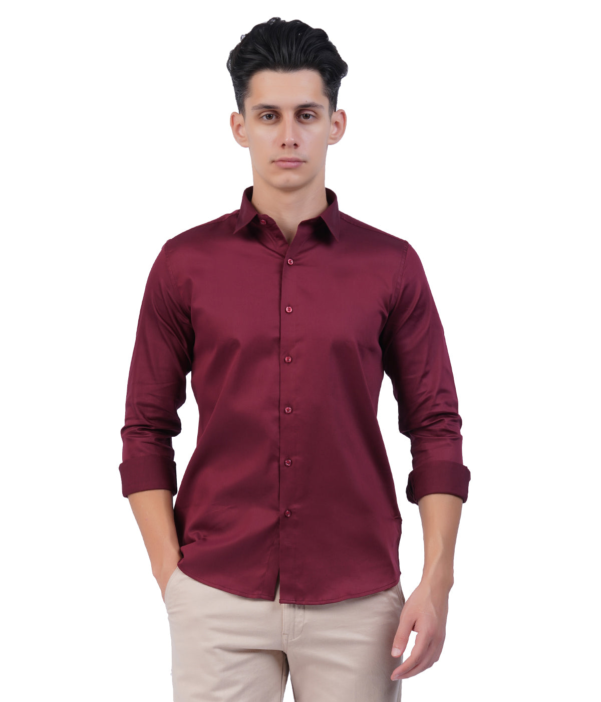 Men's Maroon Button-Down Shirt with Full Sleeves