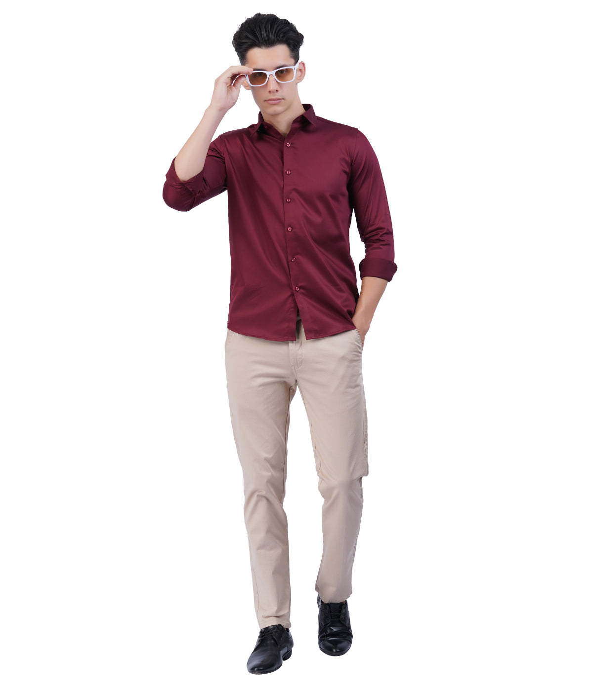Men's Maroon Button-Down Shirt with Full Sleeves