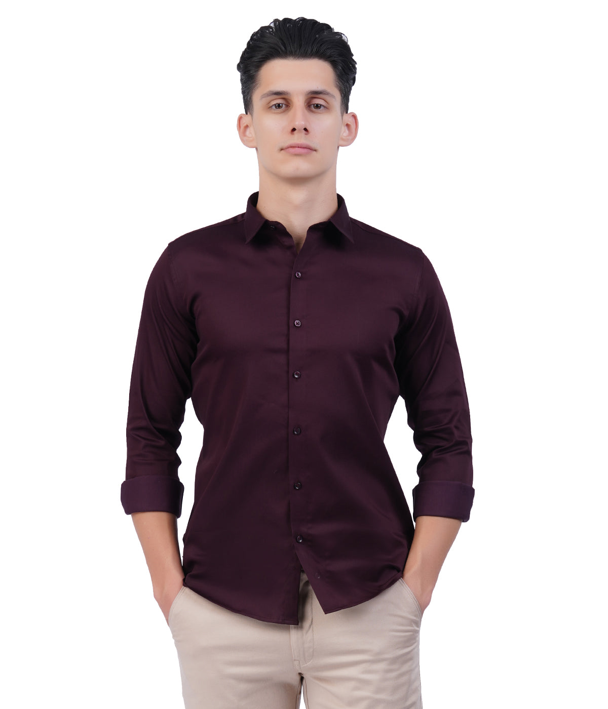 Men's Burgundy Button-Down Shirt with Full Sleeves