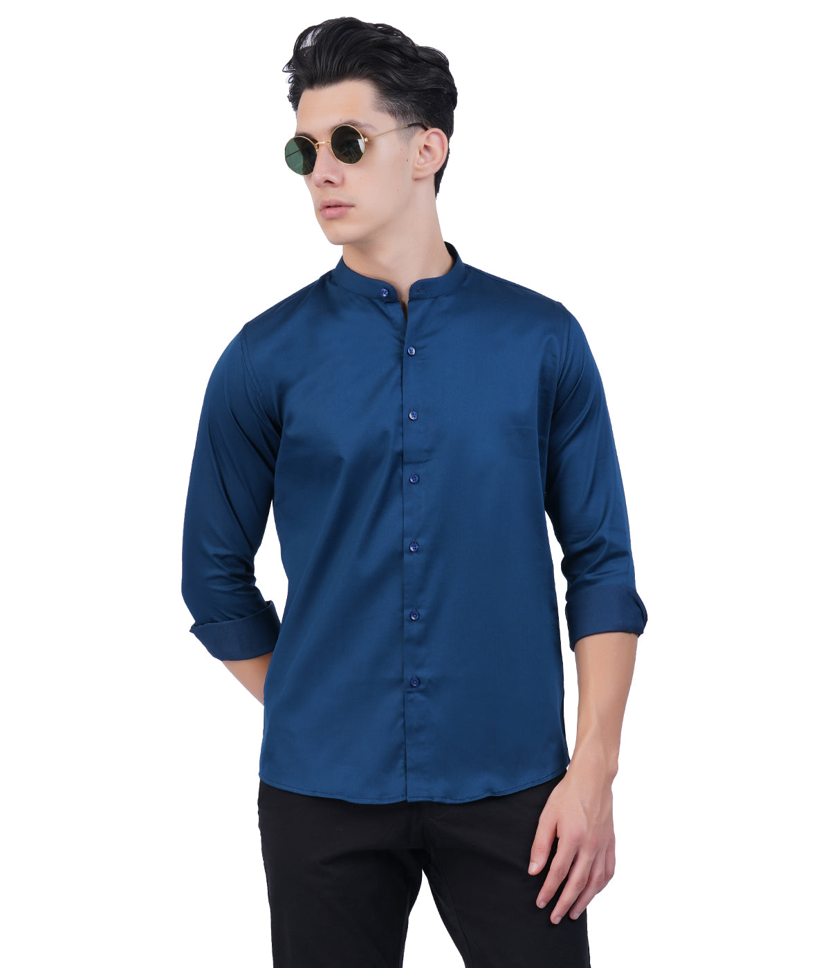 Men's Navy Blue Mandarin Collar Shirt