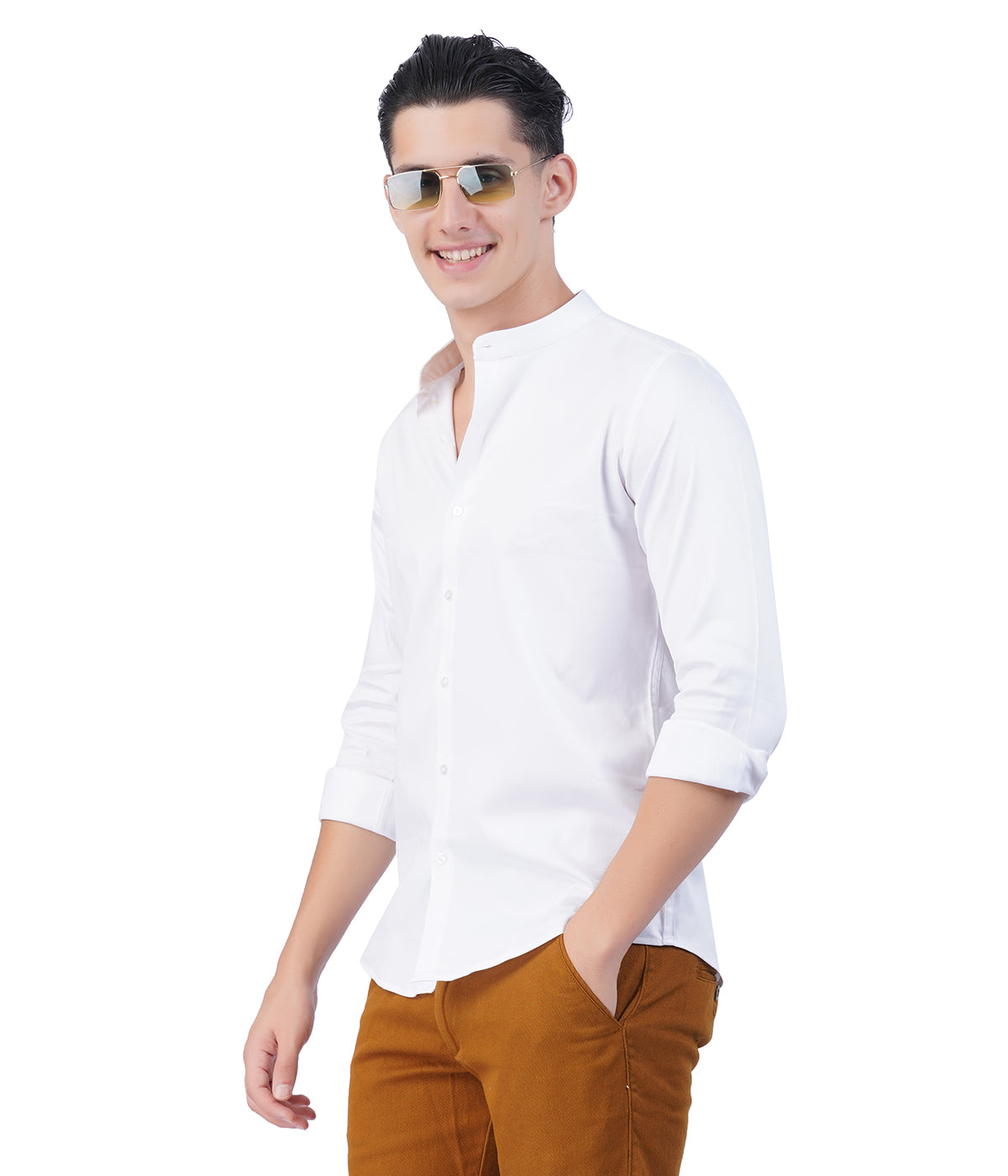Men's White Mandarin Collar Shirt – Full Sleeves