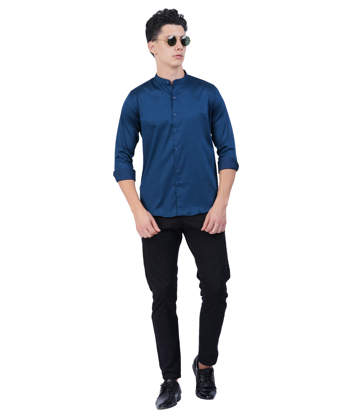 Men's Navy Blue Mandarin Collar Shirt