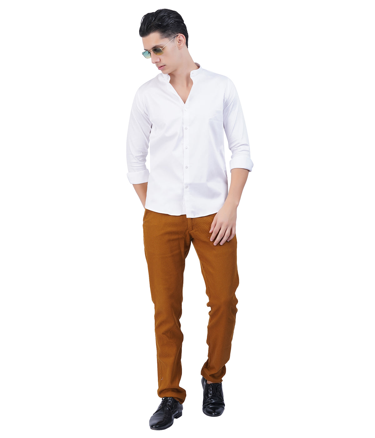 Men's White Mandarin Collar Shirt – Full Sleeves