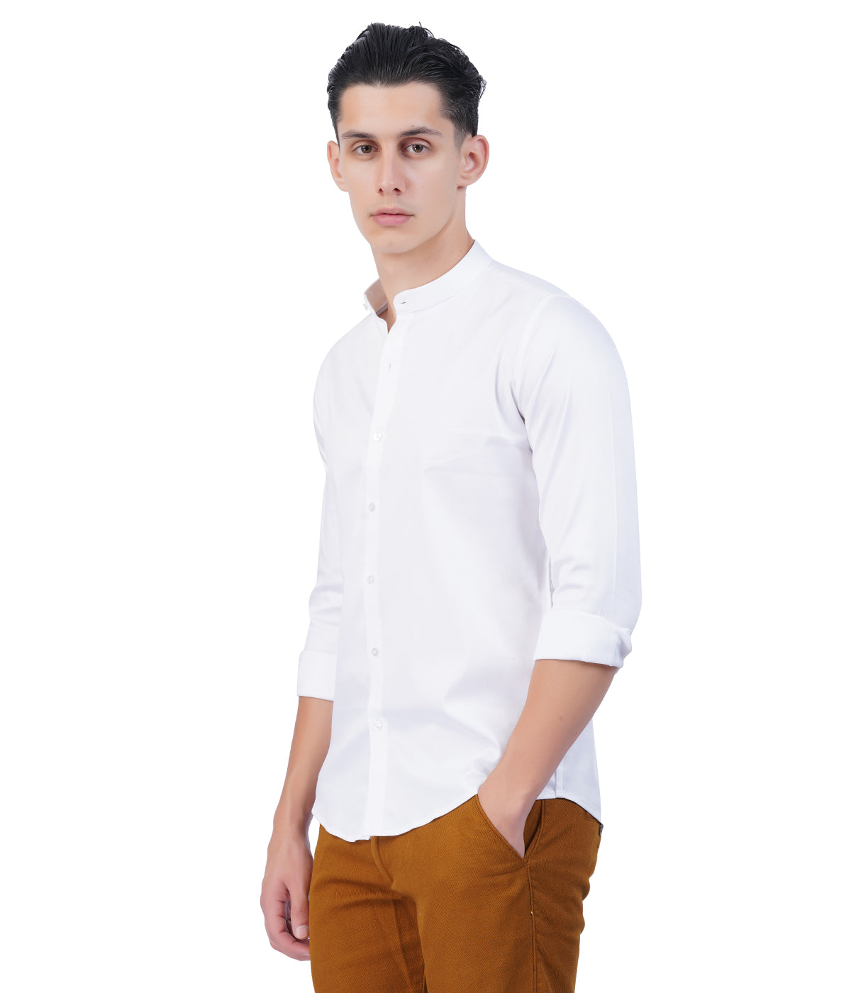 Men's White Mandarin Collar Shirt – Full Sleeves