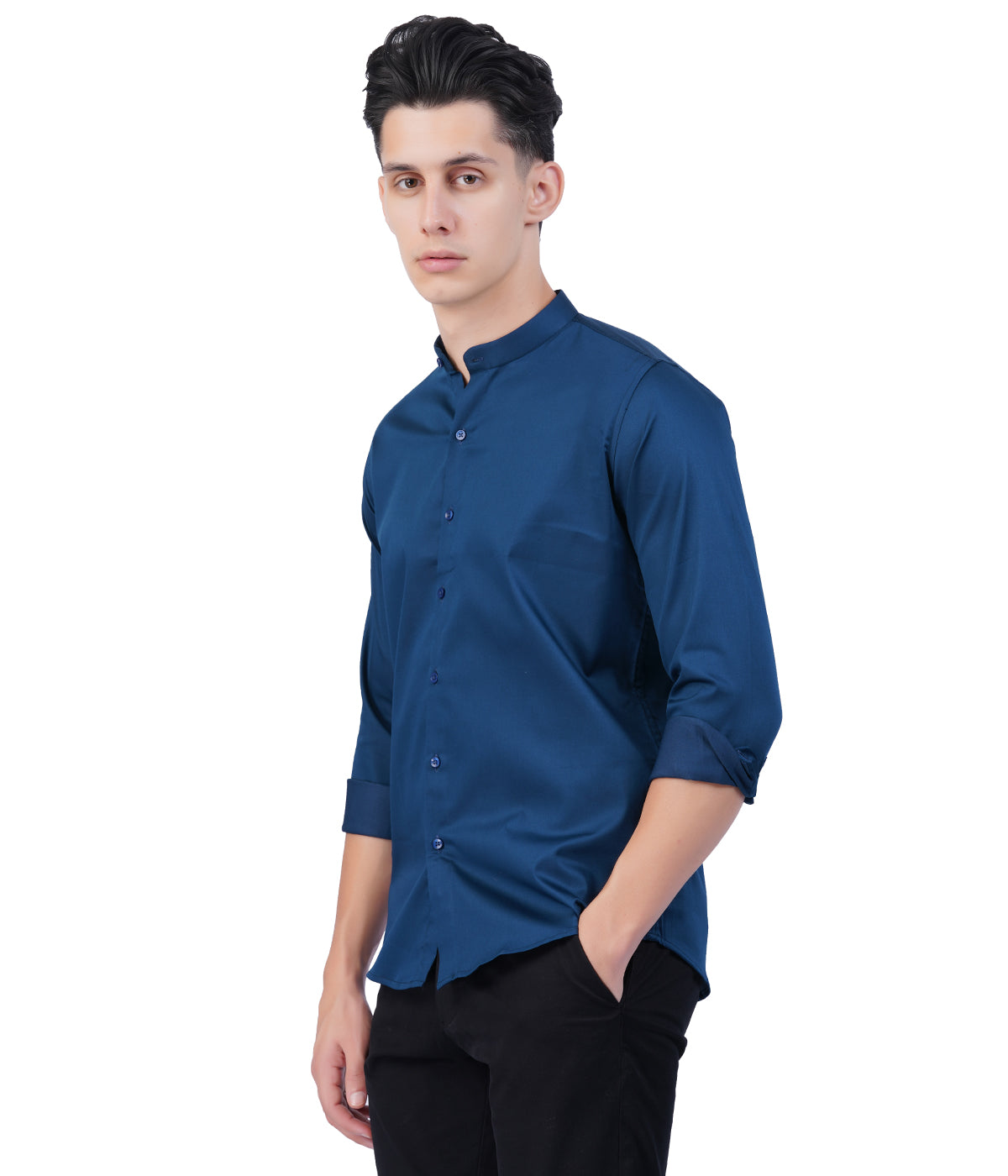 Men's Navy Blue Mandarin Collar Shirt