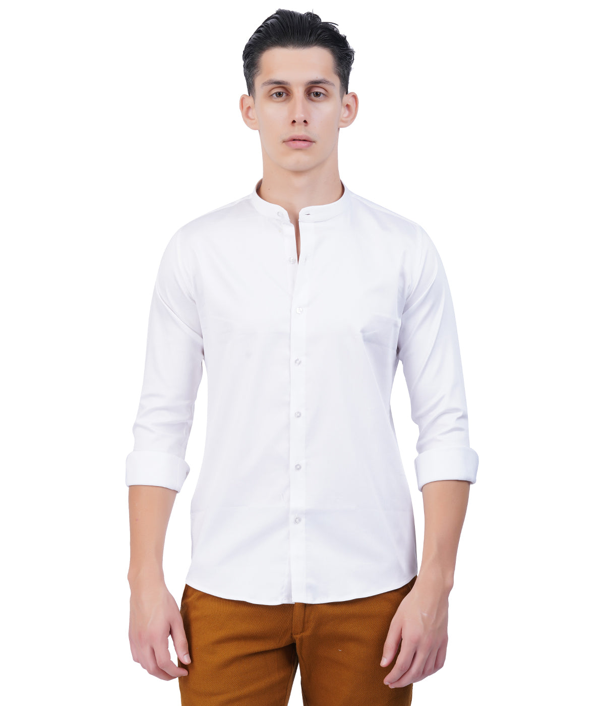 Men's White Mandarin Collar Shirt – Full Sleeves