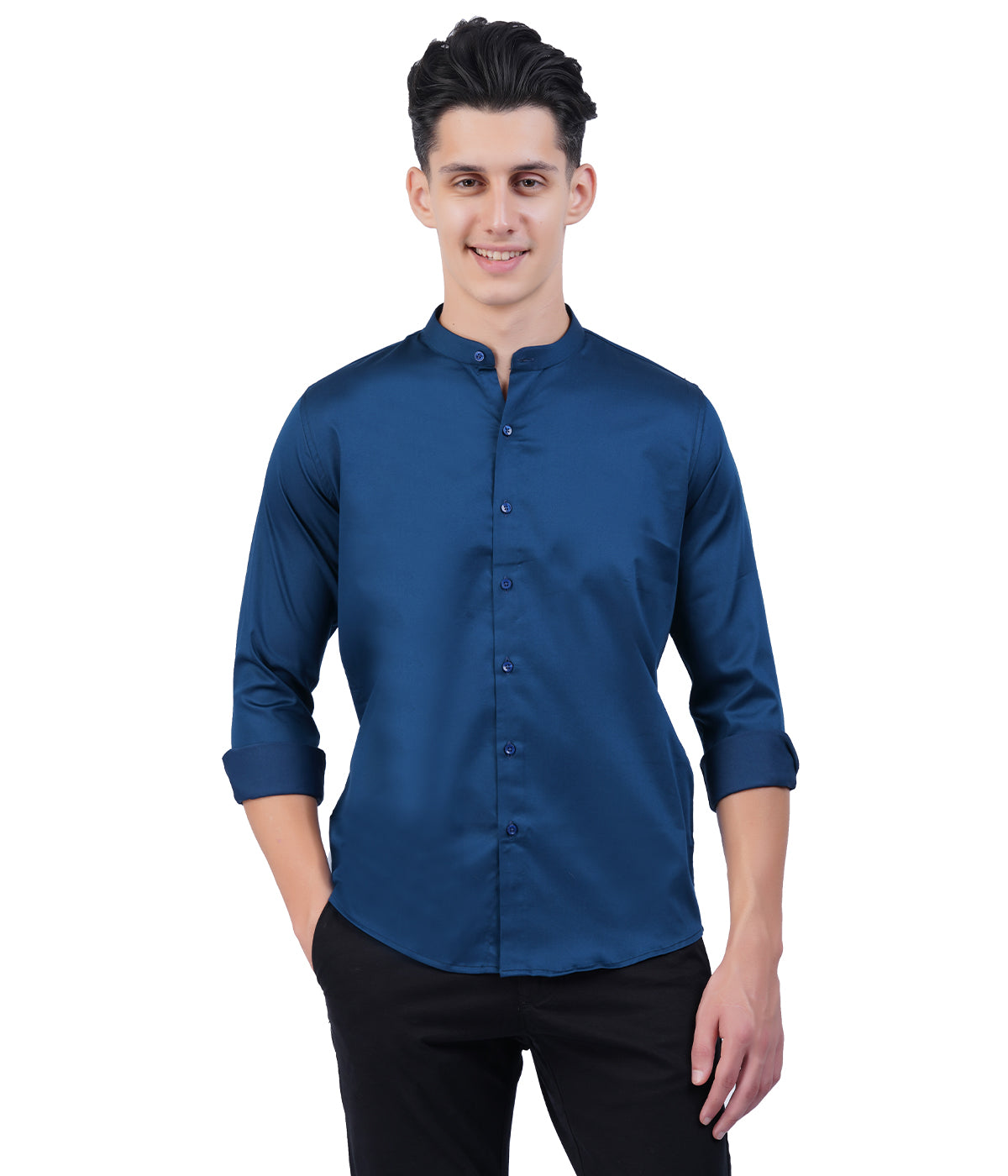 Men's Navy Blue Mandarin Collar Shirt