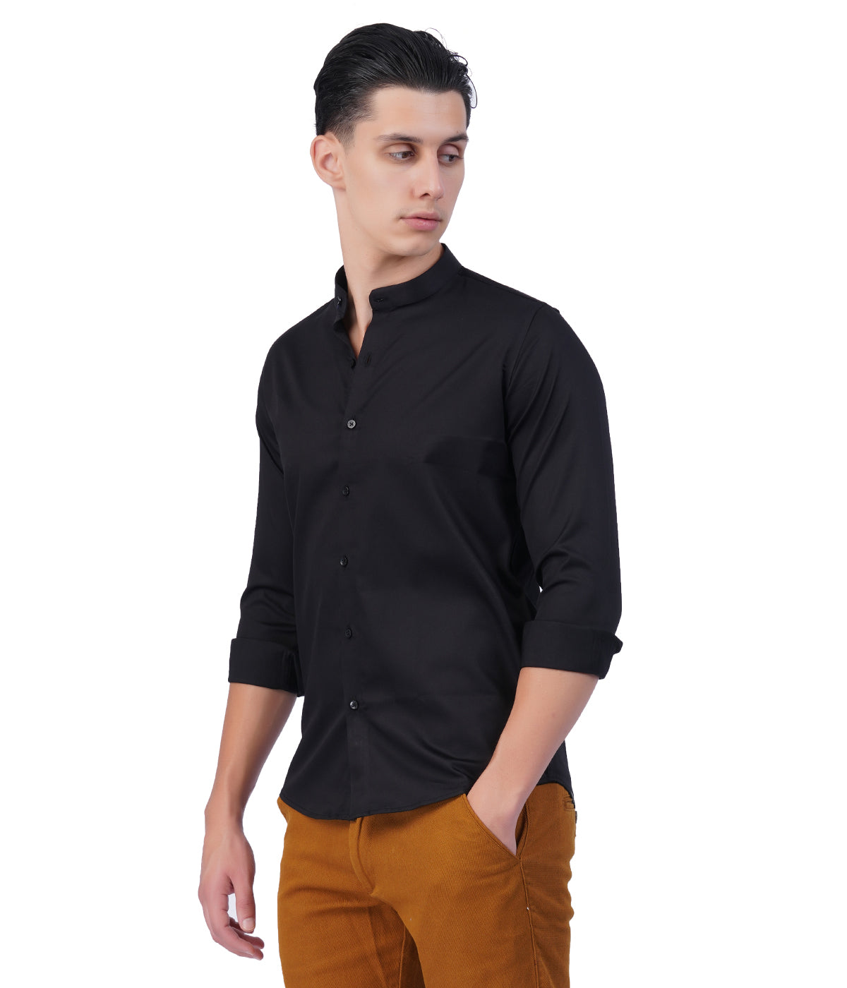 Men's Black Mandarin Collar Shirt – Full Sleeves