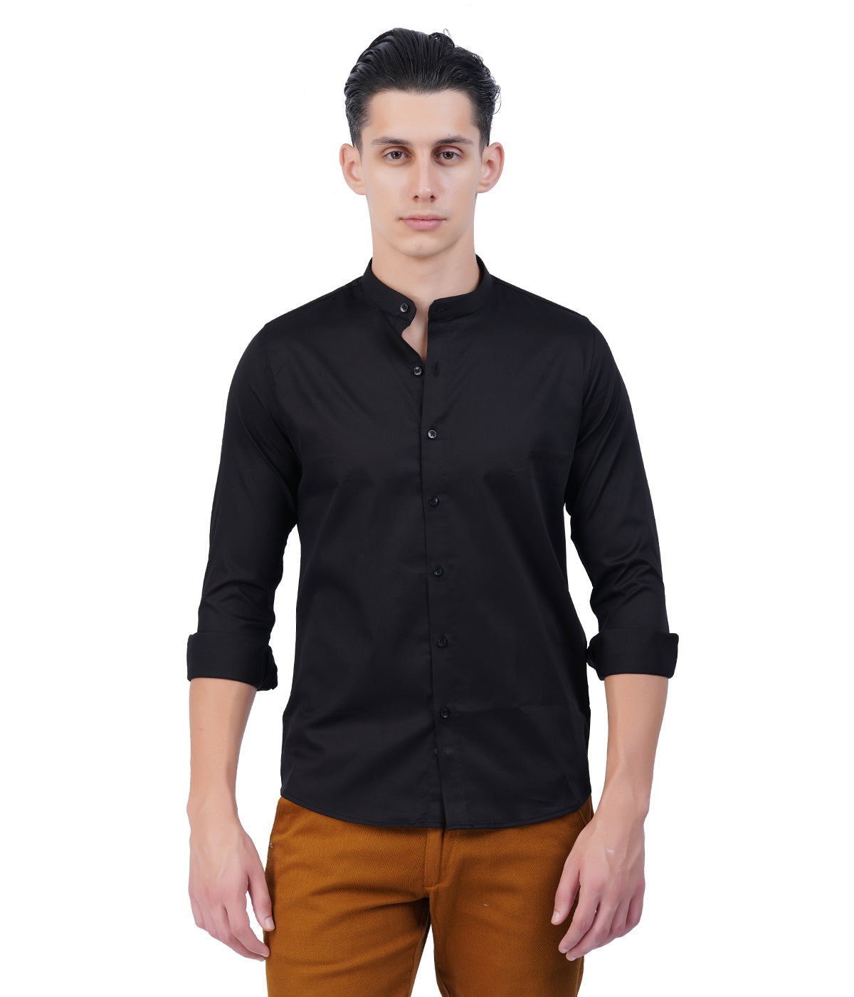 Men's Black Mandarin Collar Shirt – Full Sleeves