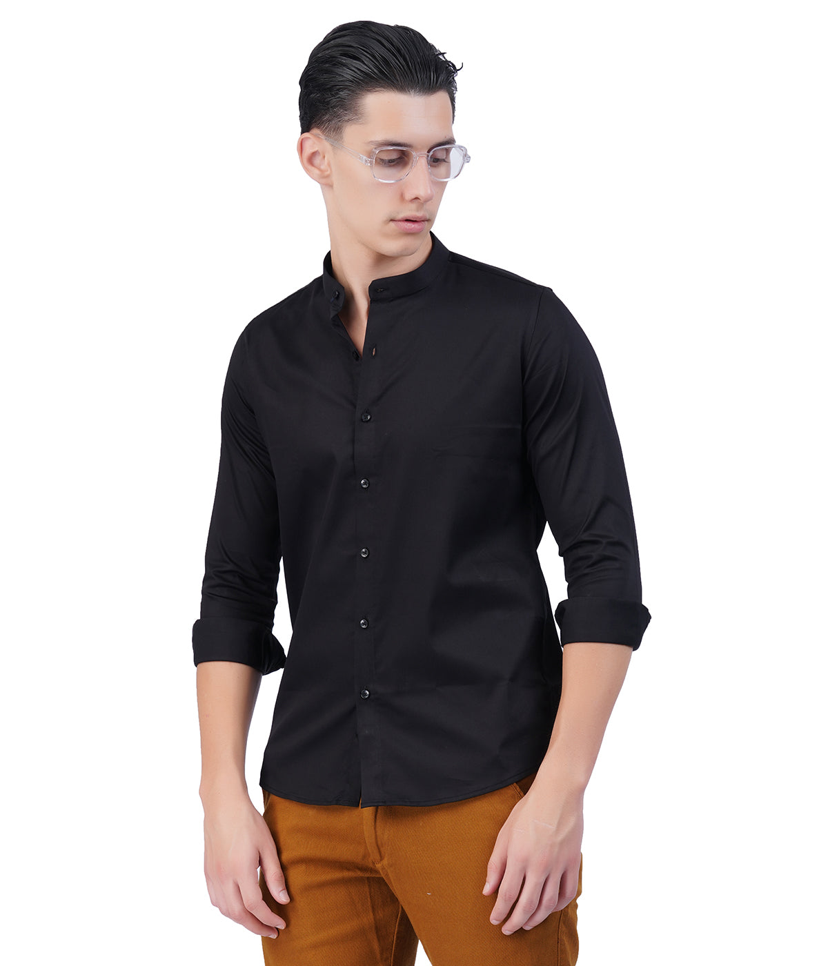 Men's Black Mandarin Collar Shirt – Full Sleeves