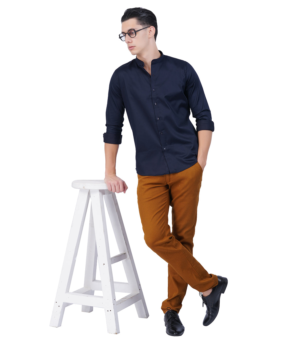 Men's Dark Blue Mandarin Collar Shirt