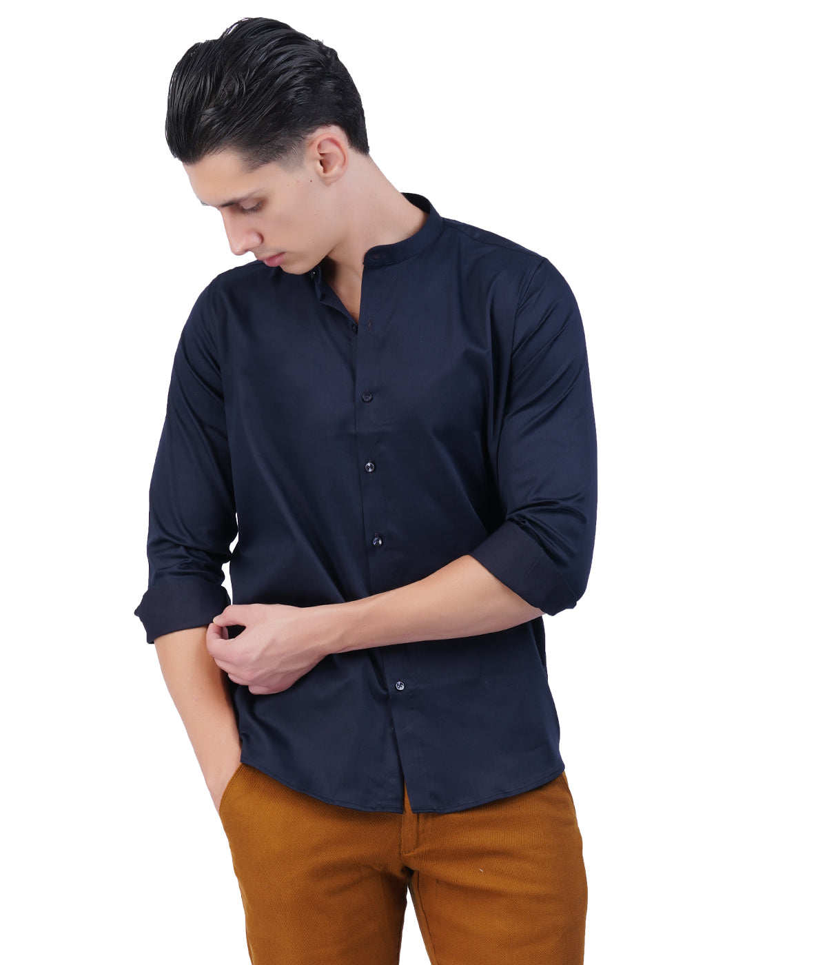 Men's Dark Blue Mandarin Collar Shirt