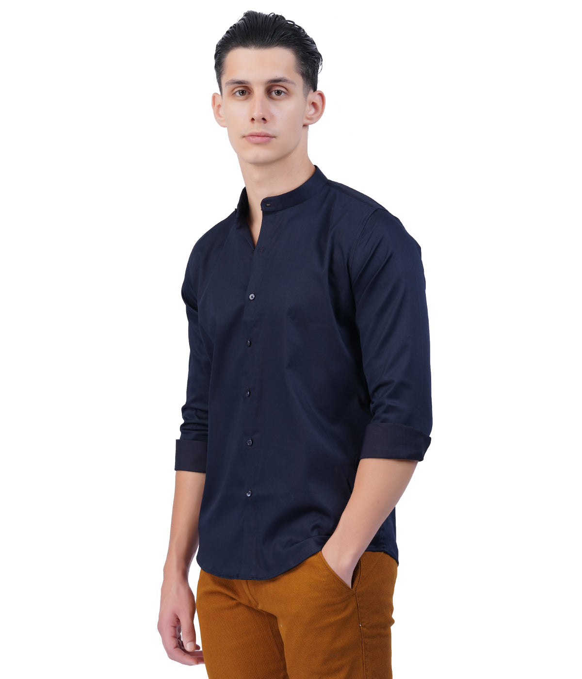Men's Dark Blue Mandarin Collar Shirt