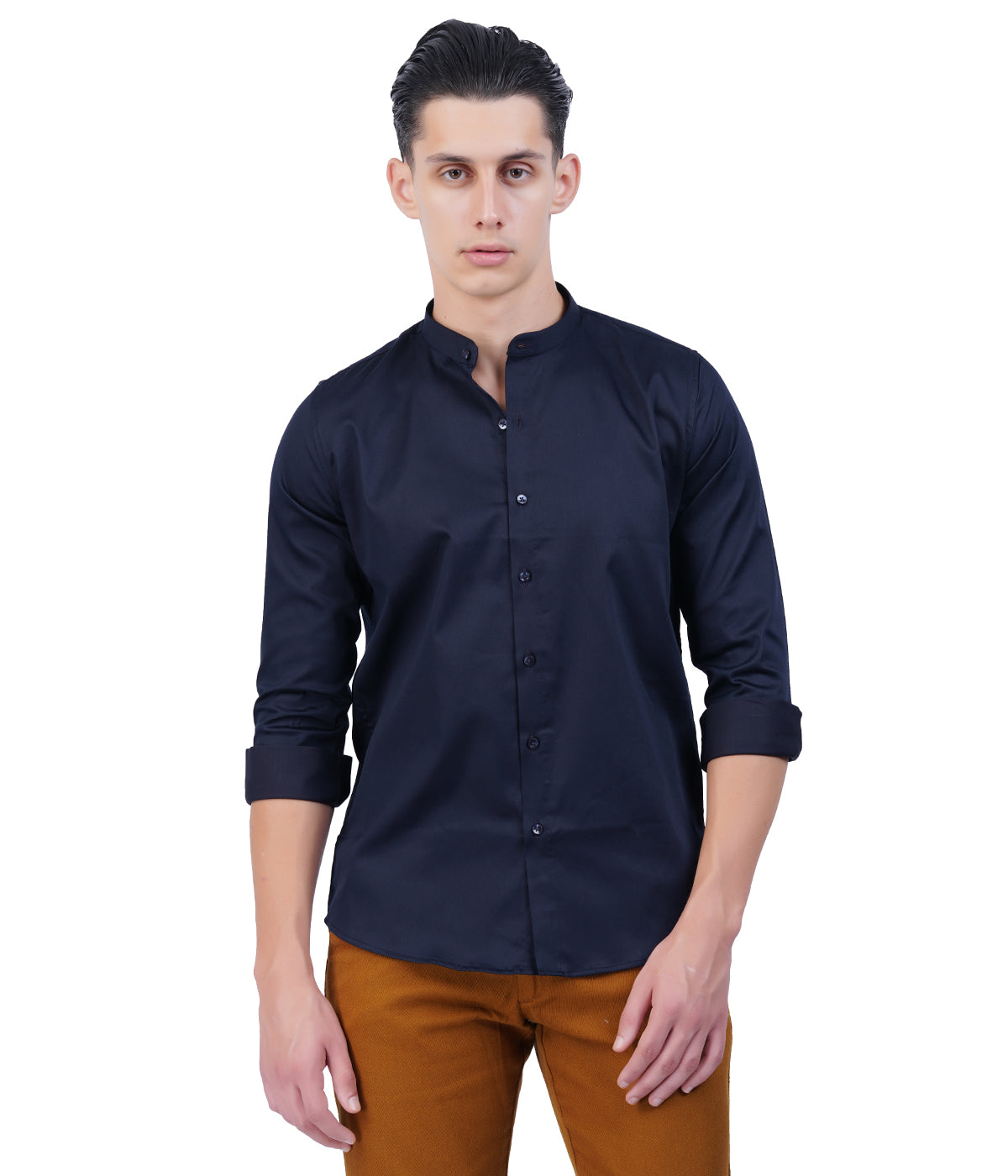 Men's Dark Blue Mandarin Collar Shirt