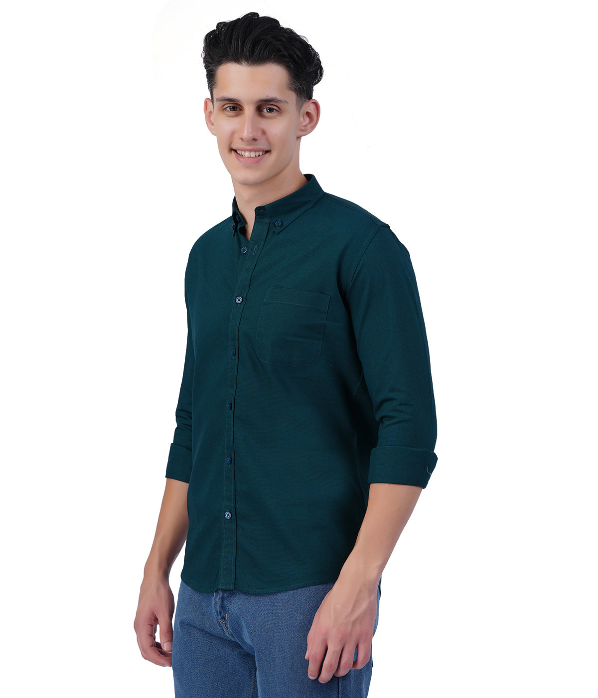 Deep Teal Solid Full Sleeve Casual Shirt for Men